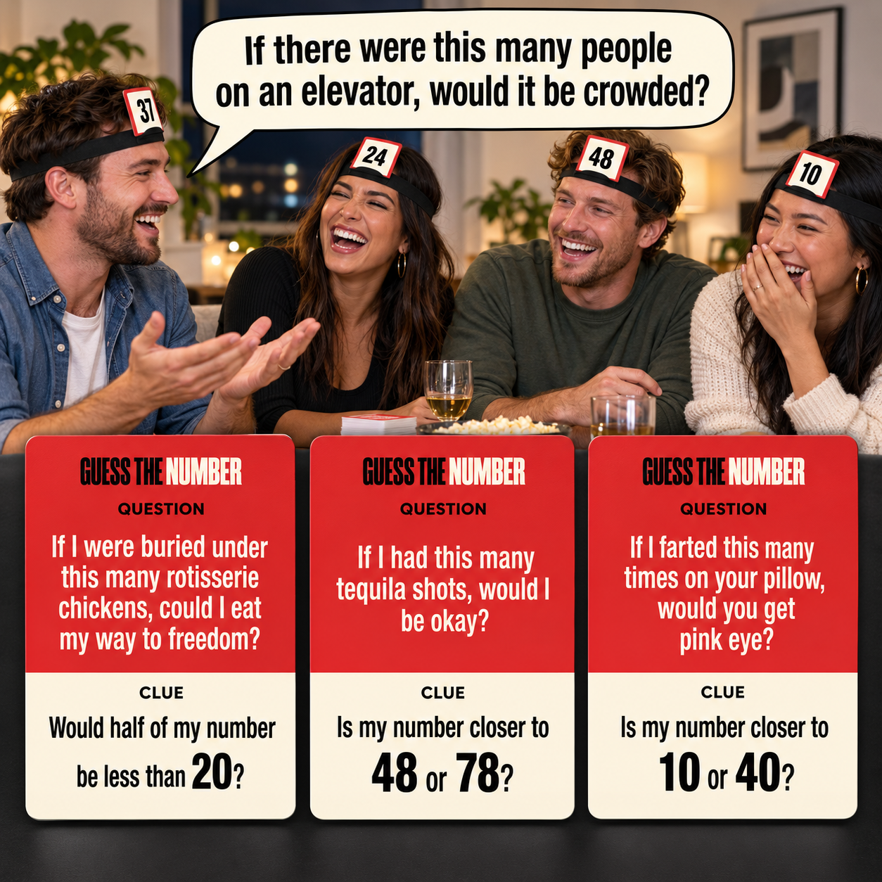 Four friends playing Guess The Number with question cards and number headbands
